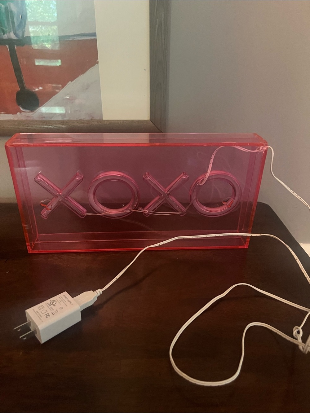 XOXO LED Neon Pink Acrylic Box Light - Blue Glow Tabletop Decor Wall Sign